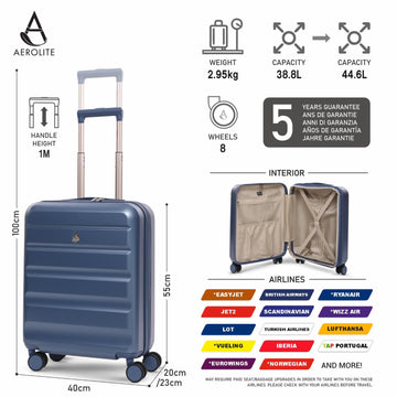 Aerolite Expandable 55x40x20cm to 55x40x23cm Ryanair Priority, Wizz Air Priority, Lufthansa Max Size Lightweight Hard Shell Carry On Hand Cabin Luggage Suitcase with 4 dual spinner wheels (BLUE)